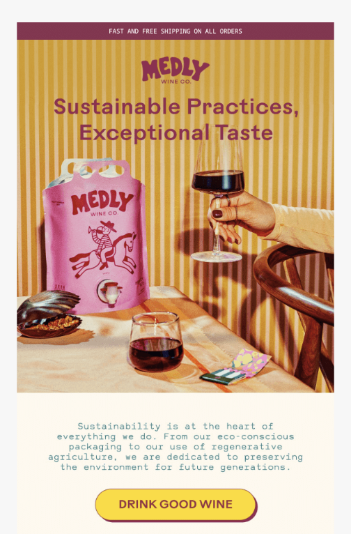 Medly wine co. promotional email highlighting benefits like fast and free shipping